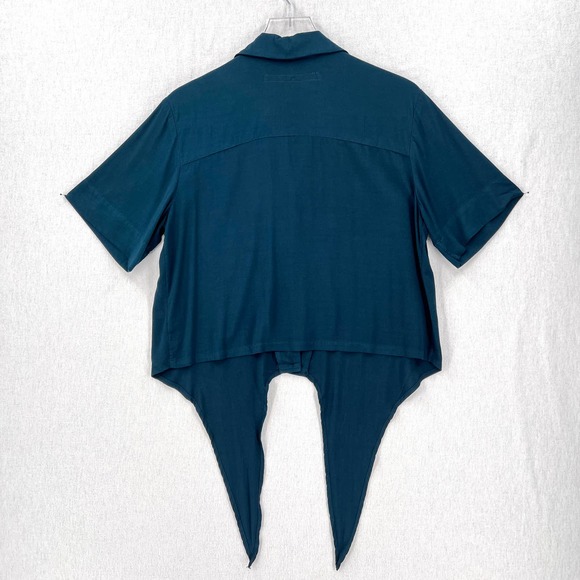 ENZA COSTA Shirt Womens Medium Teal Short Sleeve Tie Front Button Up Cropped NEW - Picture 2 of 15